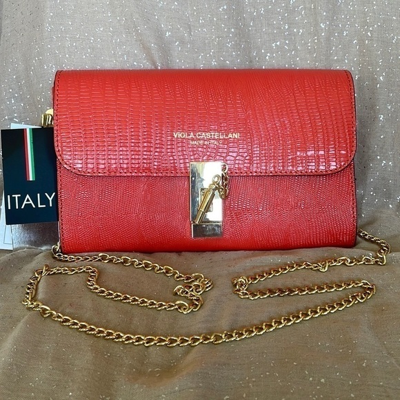 Brand New Viola Castellani Genuine Italian Leather Coral Crossbody Chain Purse